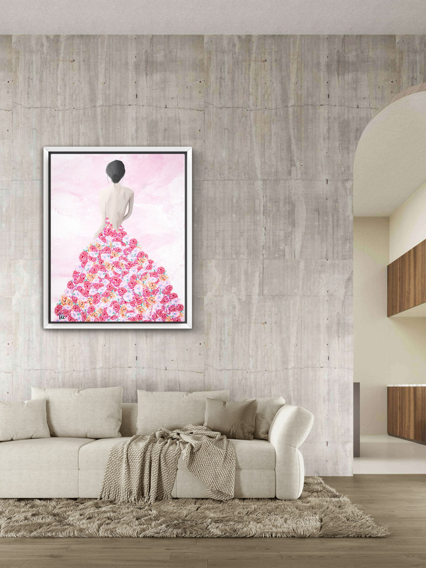 Enchanting Rose Dress Girl Painting | Unique Floral Wall Art