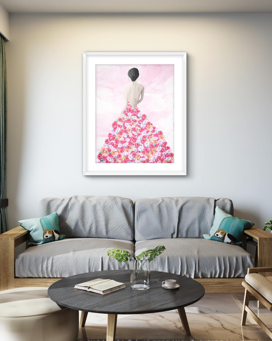 Enchanting Rose Dress Girl Painting | Unique Floral Wall Art