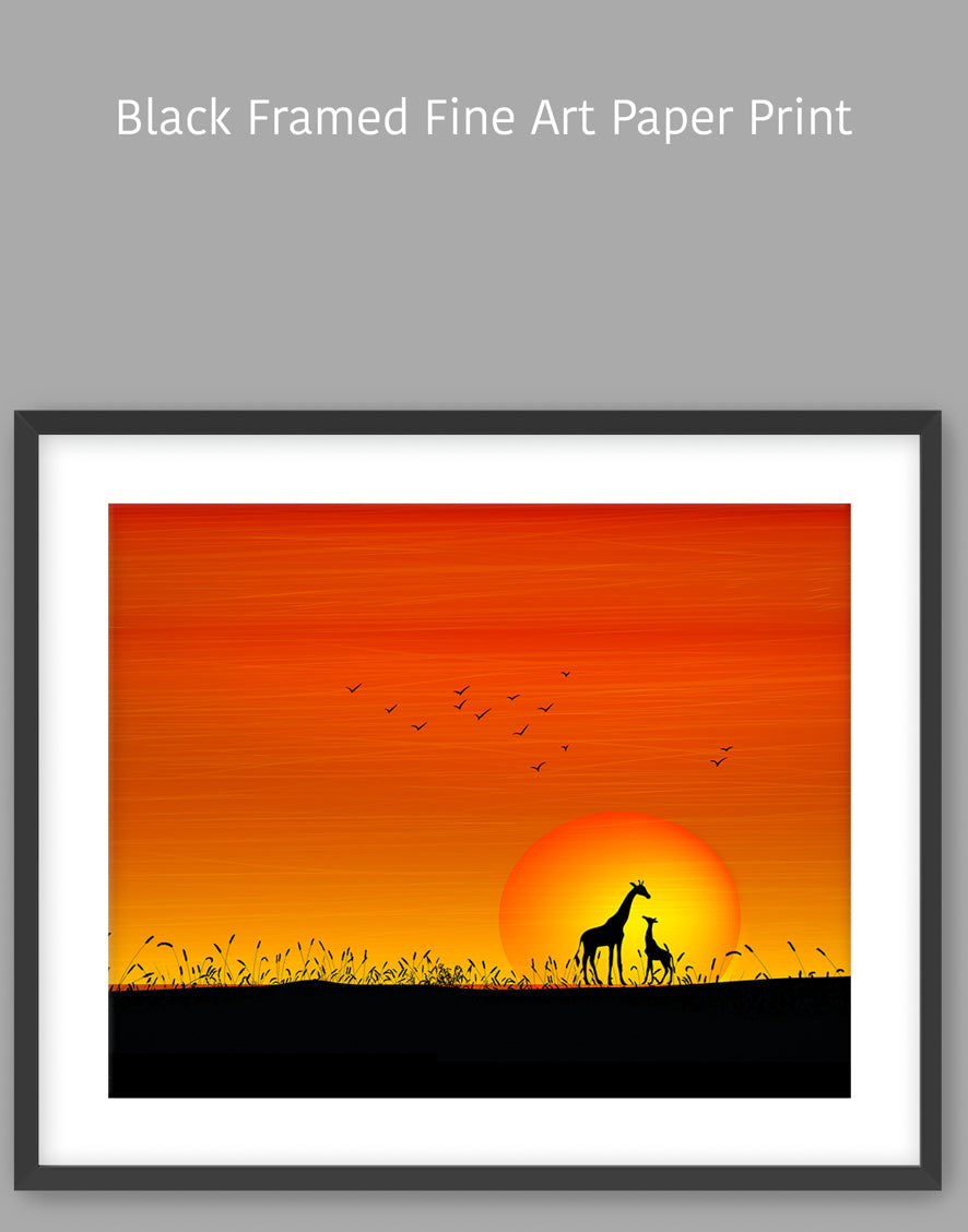 Giraffes at Orange Sunset Painting - Stunning Wildlife & Sunset Art