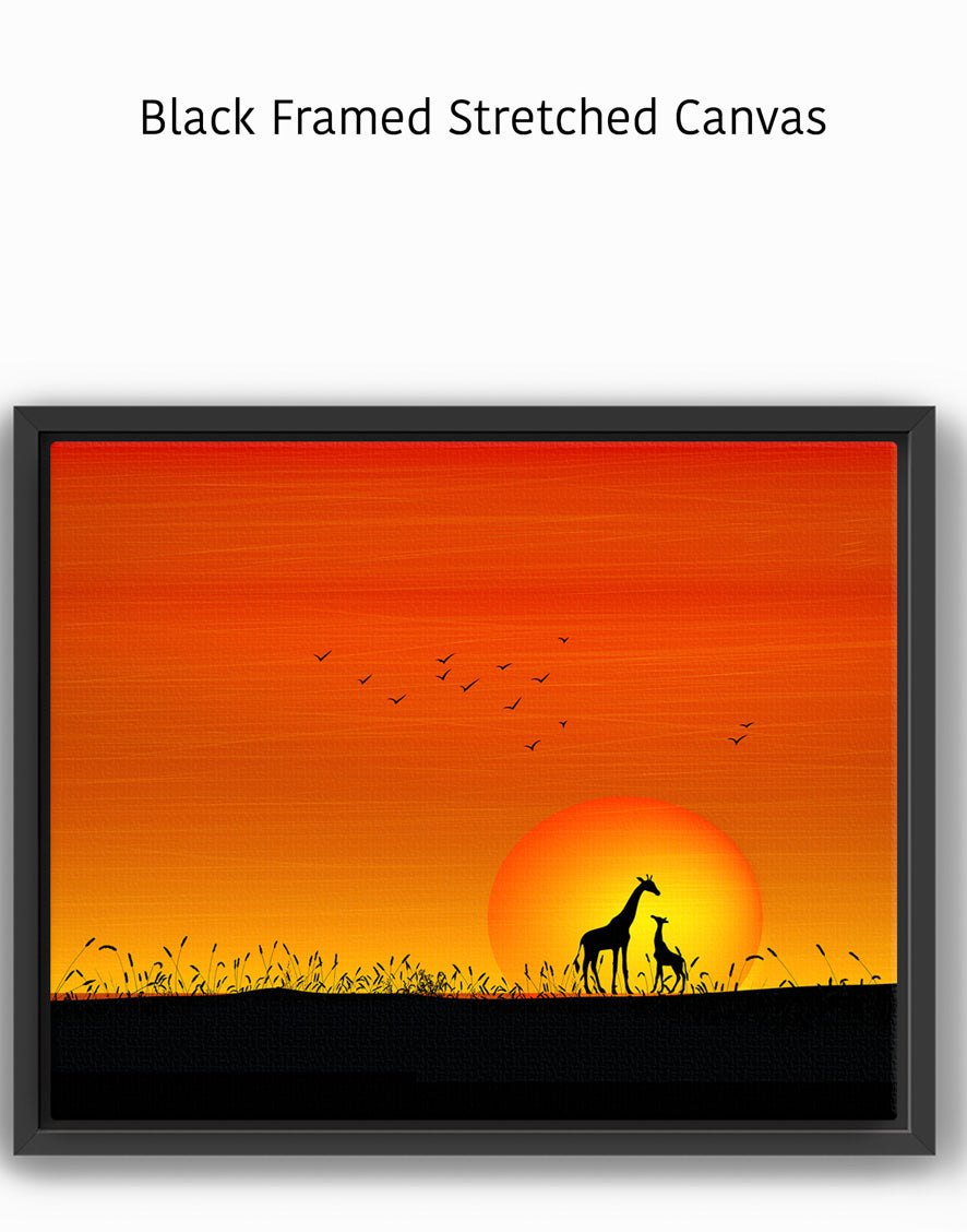 Giraffes at Orange Sunset Painting - Stunning Wildlife & Sunset Art