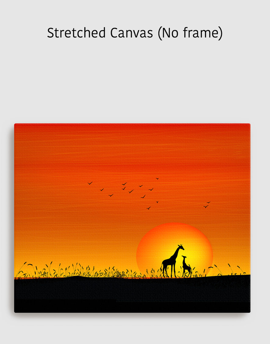 Giraffes at Orange Sunset Painting - Stunning Wildlife & Sunset Art