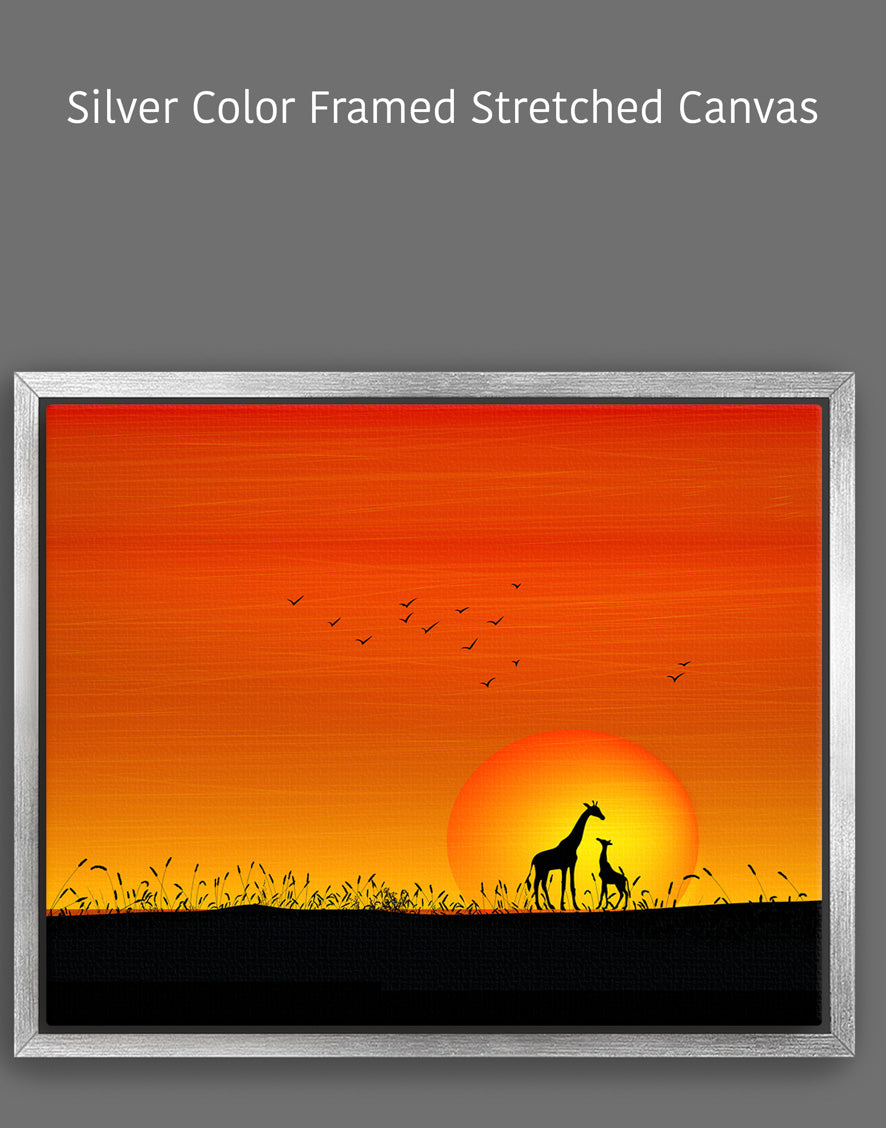 Giraffes at Orange Sunset Painting - Stunning Wildlife & Sunset Art