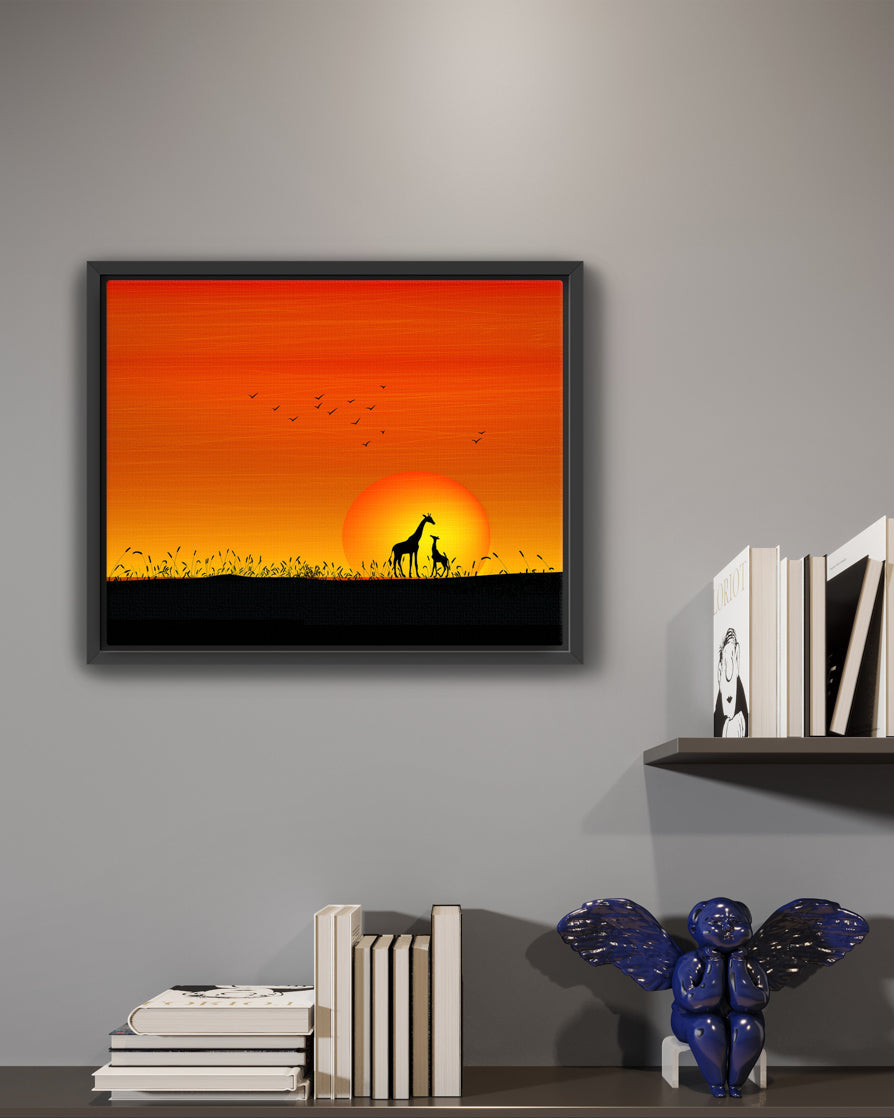 Giraffes at Orange Sunset Painting - Stunning Wildlife & Sunset Art