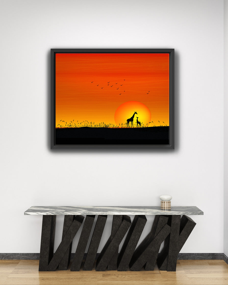 Giraffes at Orange Sunset Painting - Stunning Wildlife & Sunset Art