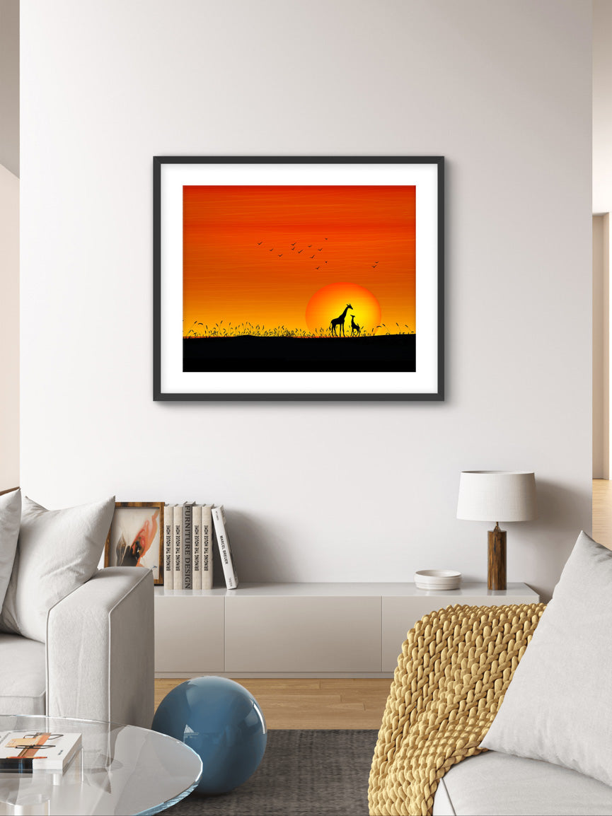 Giraffes at Orange Sunset Painting - Stunning Wildlife & Sunset Art