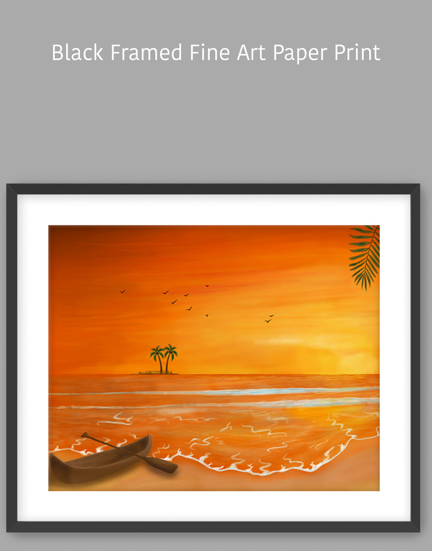 Calm Orange Sunset with Boat Painting - Seascape Art for Home Décor & Relaxation