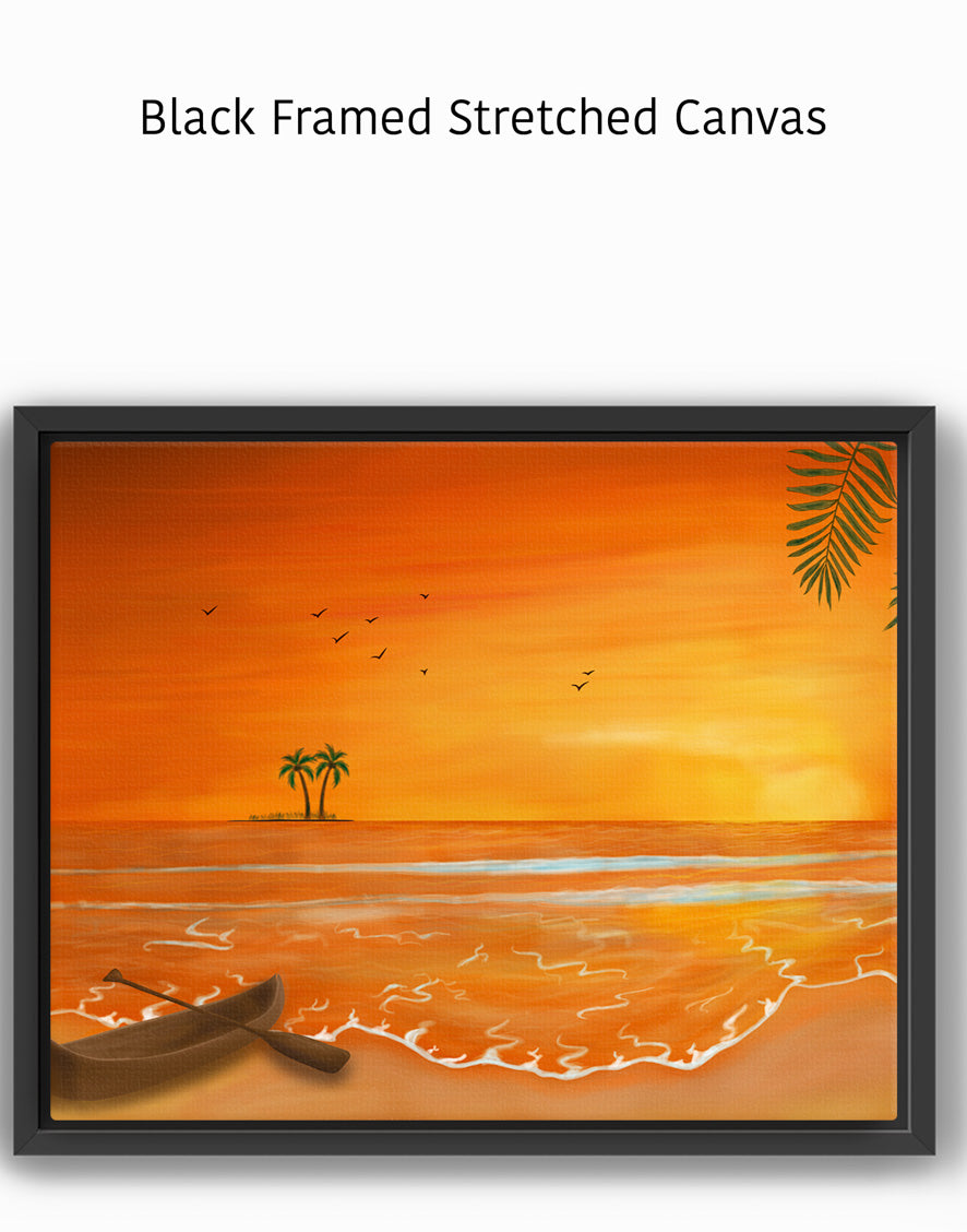Calm Orange Sunset with Boat Painting - Seascape Art for Home Décor & Relaxation