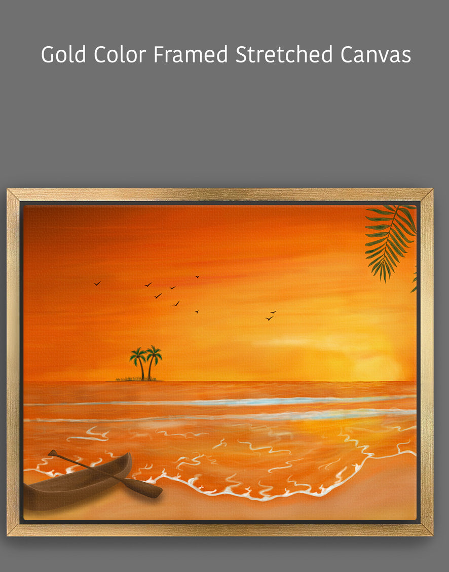Calm Orange Sunset with Boat Painting - Seascape Art for Home Décor & Relaxation