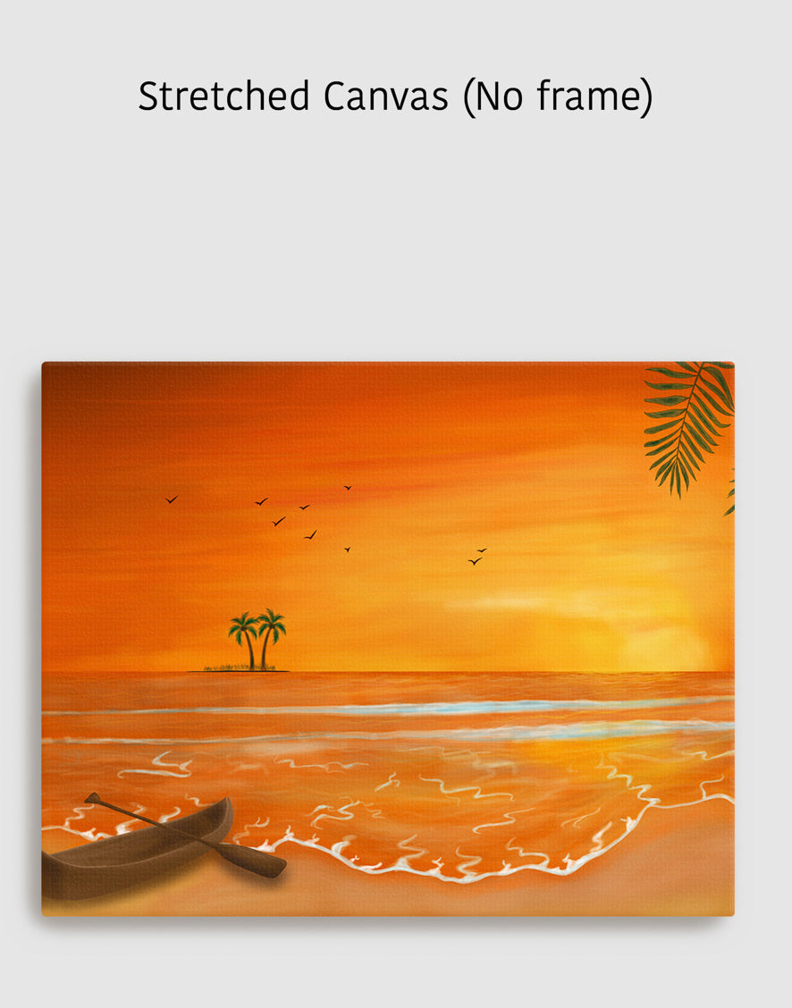 Calm Orange Sunset with Boat Painting - Seascape Art for Home Décor & Relaxation
