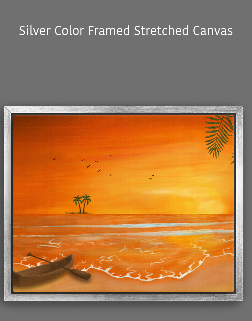Calm Orange Sunset with Boat Painting - Seascape Art for Home Décor & Relaxation