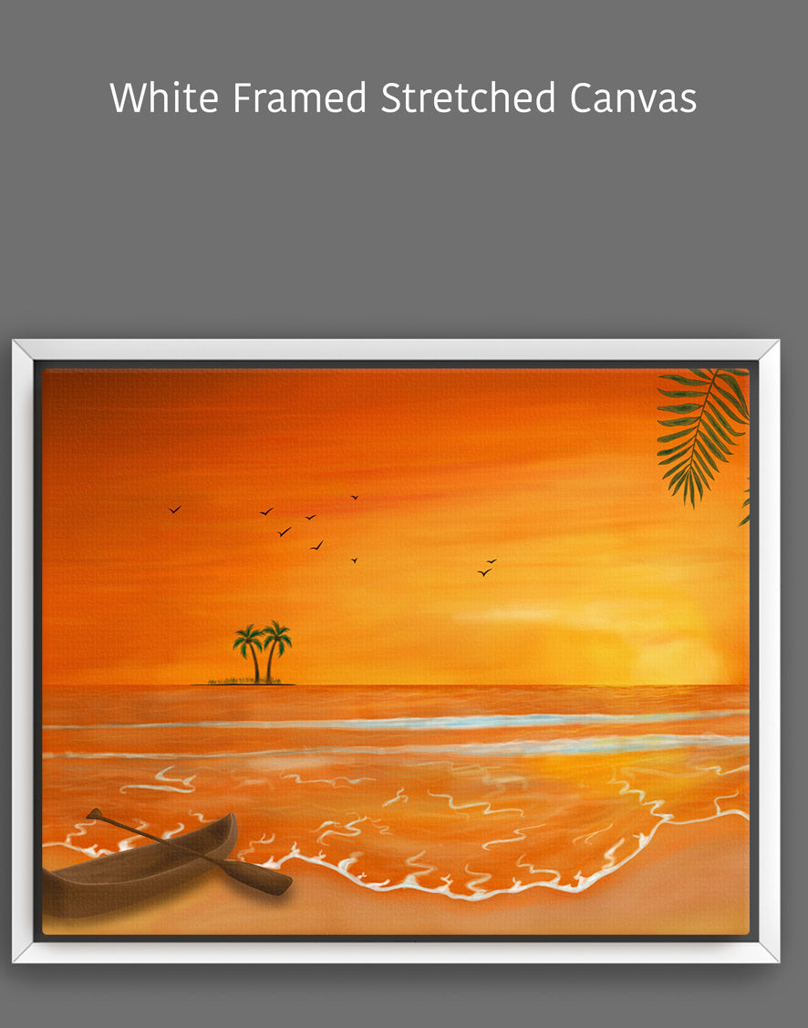 Calm Orange Sunset with Boat Painting - Seascape Art for Home Décor & Relaxation