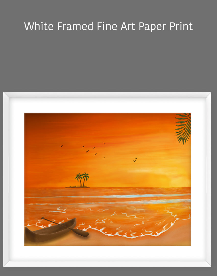 Calm Orange Sunset with Boat Painting - Seascape Art for Home Décor & Relaxation