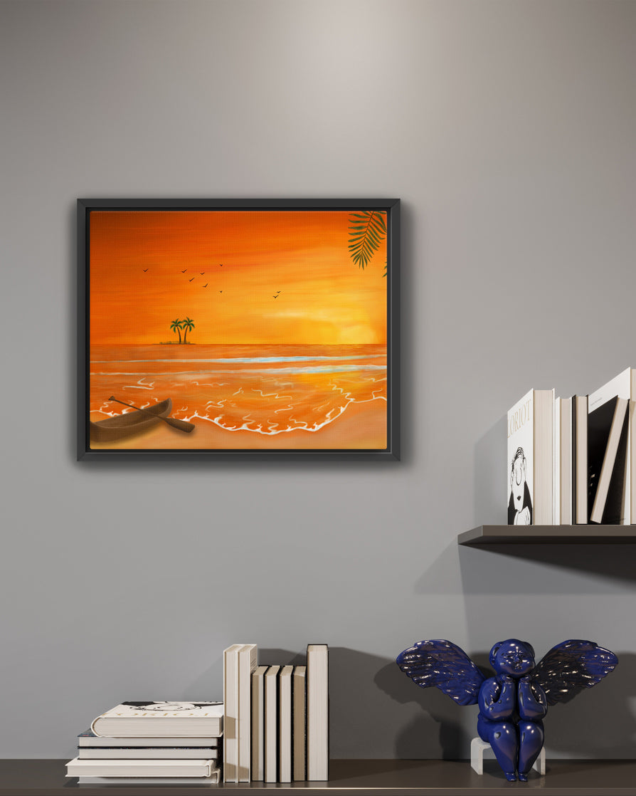 Calm Orange Sunset with Boat Painting - Seascape Art for Home Décor & Relaxation