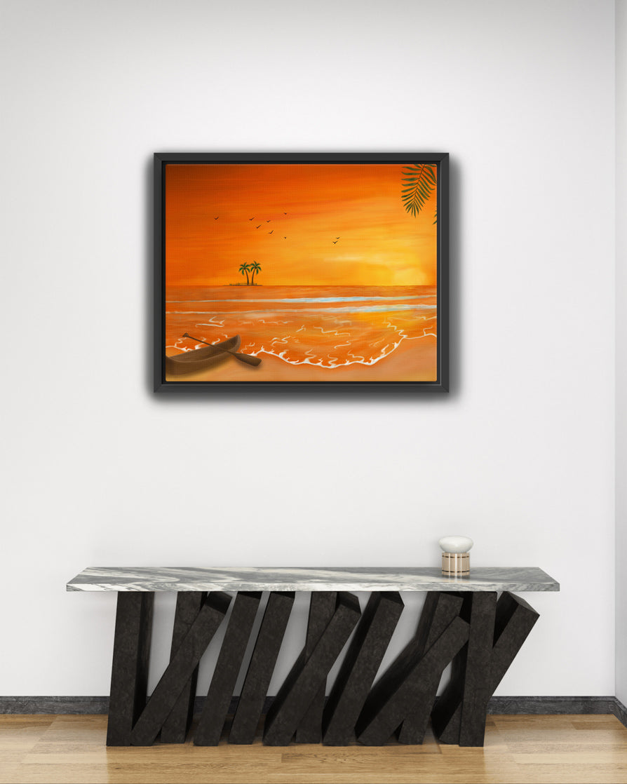 Calm Orange Sunset with Boat Painting - Seascape Art for Home Décor & Relaxation