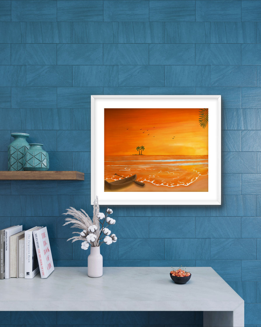 Calm Orange Sunset with Boat Painting - Seascape Art for Home Décor & Relaxation