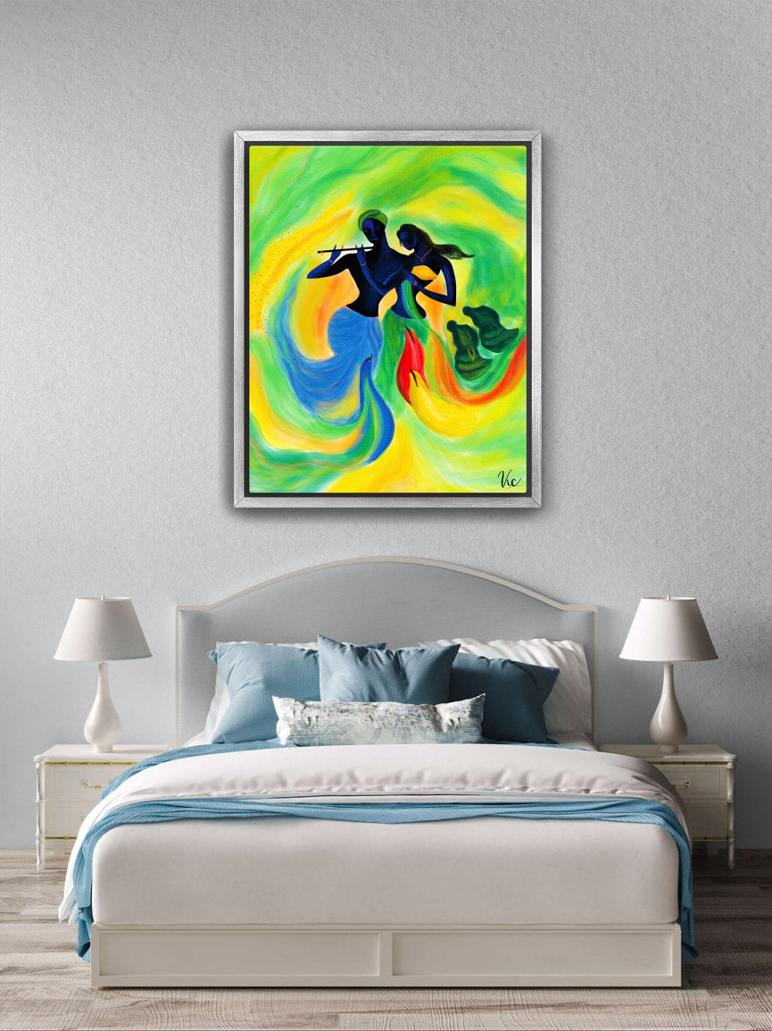 Spiritual Indian Radha Krishna Green Calming Artwork - Serene & Sacred Art