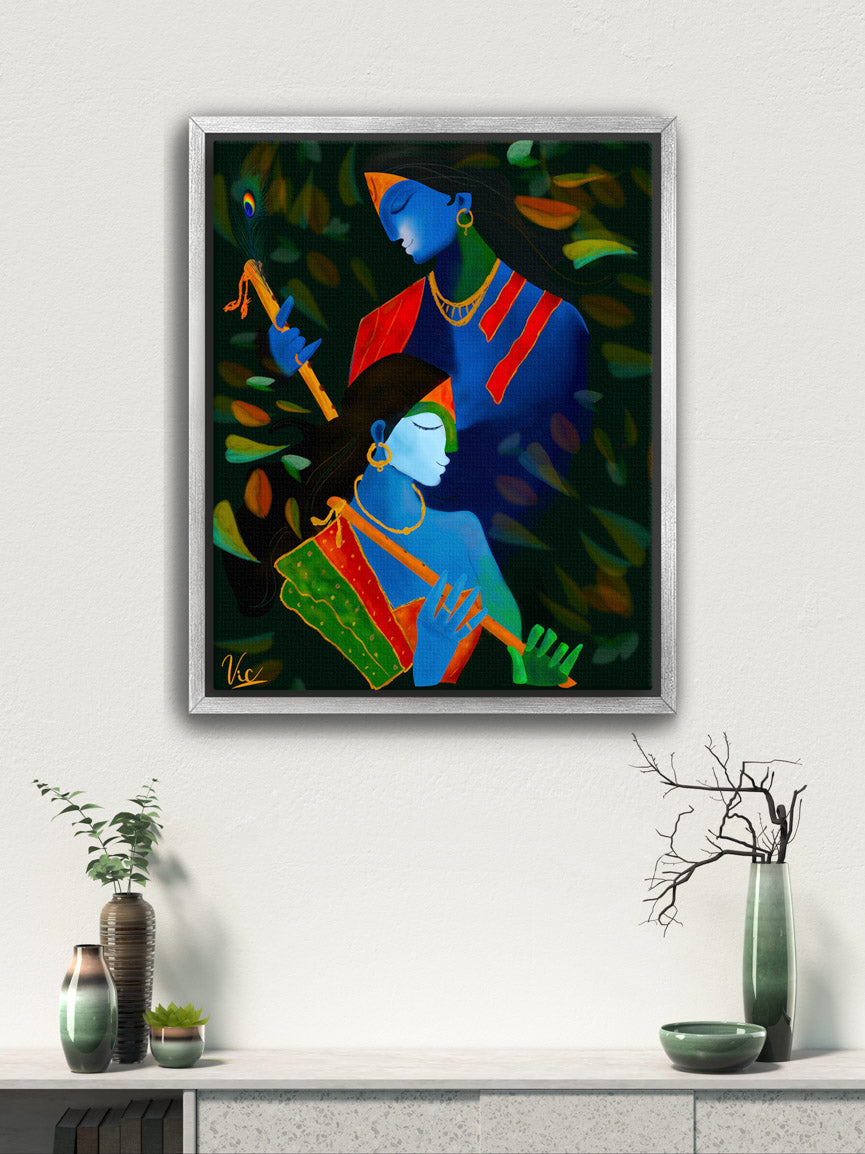 Spiritual Indian Radha Krishna Blue Calming Artwork - Serene & Sacred Art