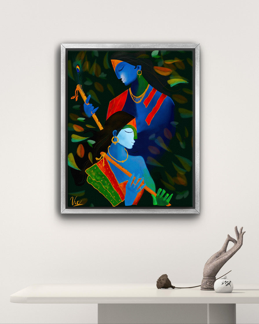 Spiritual Indian Radha Krishna Blue Calming Artwork - Serene & Sacred Art
