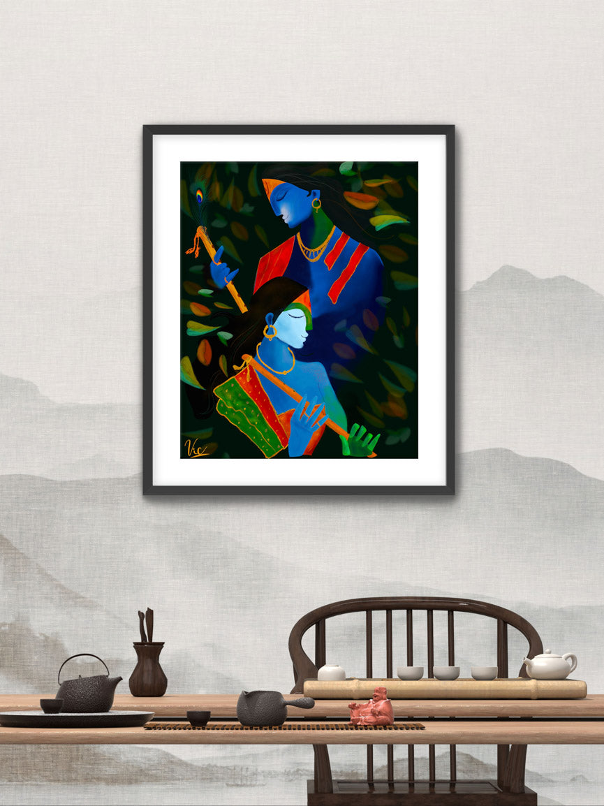 Spiritual Indian Radha Krishna Blue Calming Artwork - Serene & Sacred Art