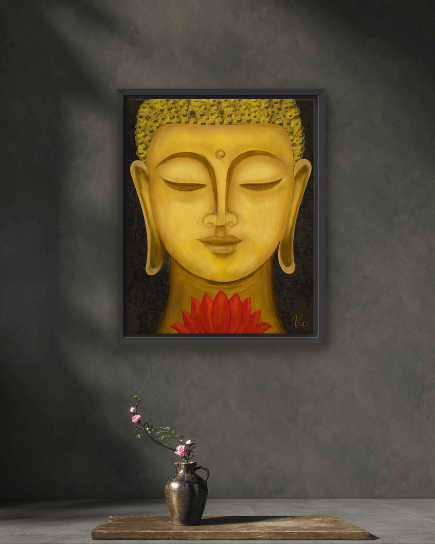 Serene Buddha Face Portrait | Yellow Meditation Art