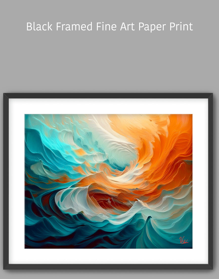 Abstract Waves Painting - Blue & Orange Fine Art Wall Decor