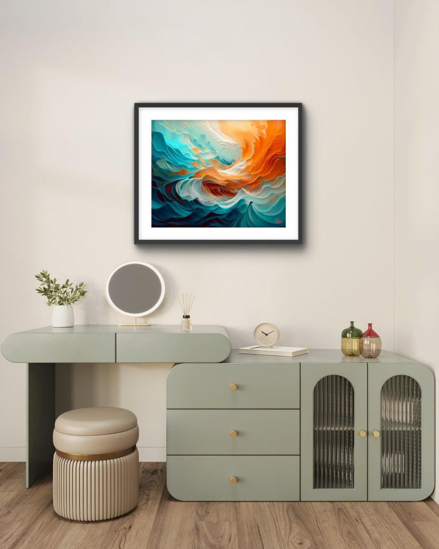 Abstract Waves Painting - Blue & Orange Fine Art Wall Decor