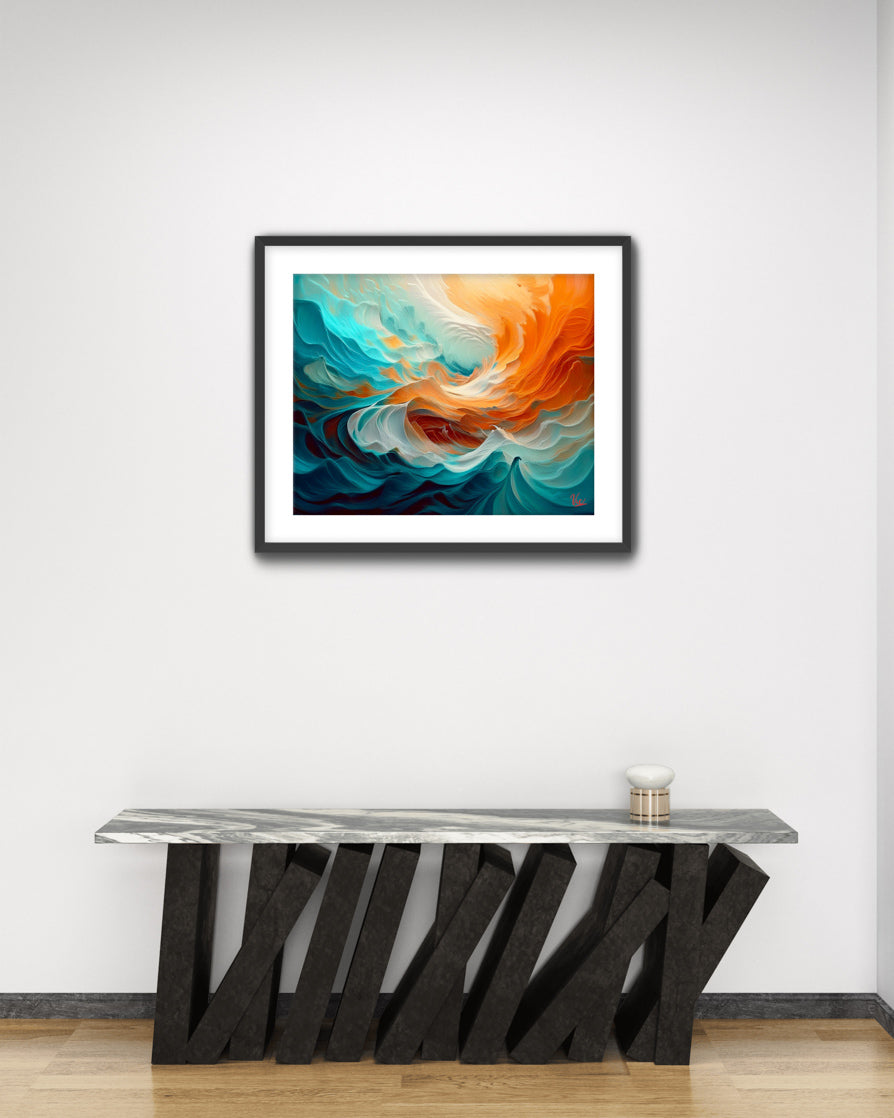 Abstract Waves Painting - Blue & Orange Fine Art Wall Decor