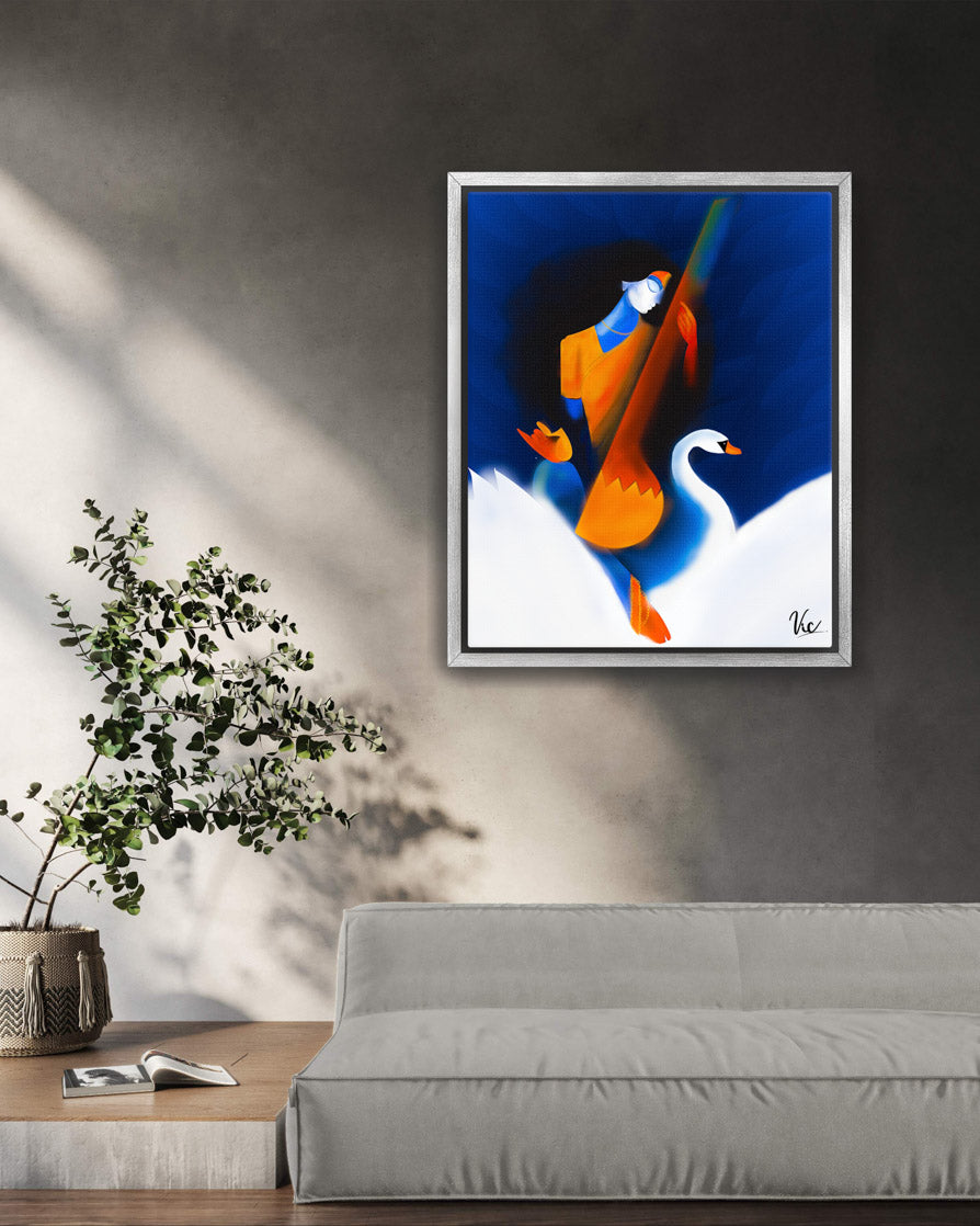 Spiritual Blue Indian Goddess Saraswati Painting