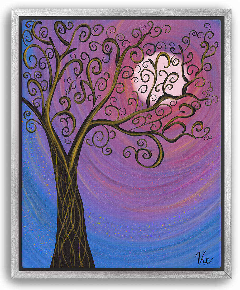 Colorful Vibrant Abstract Tree with Moon Painting for Home Décor