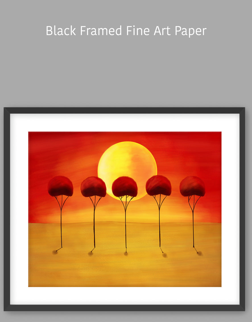 Vibrant Red Orange Abstract Sunset with Trees Painting