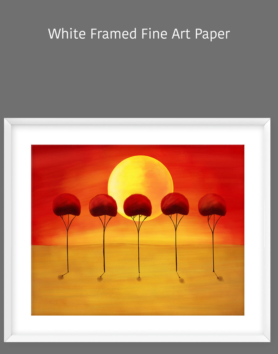 Vibrant Red Orange Abstract Sunset with Trees Painting