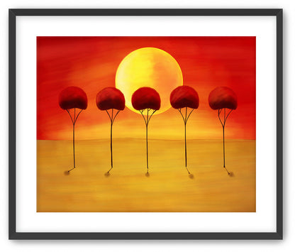 Vibrant Red Orange Abstract Sunset with Trees Painting