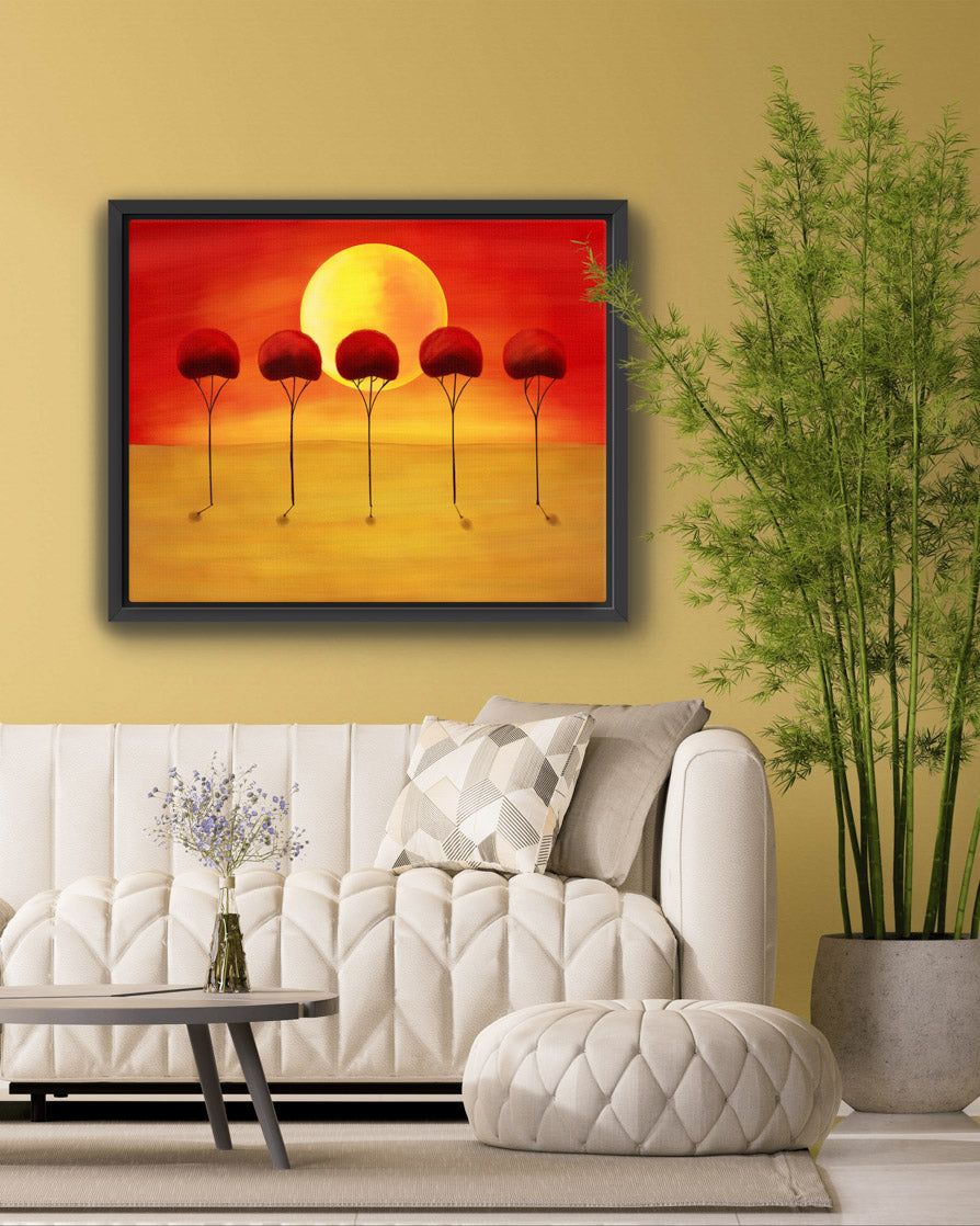 Vibrant Red Orange Abstract Sunset with Trees Painting