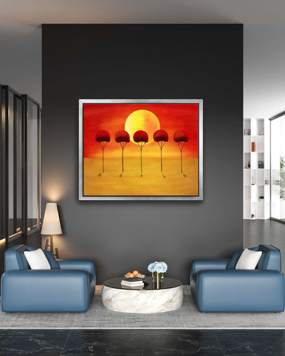 Vibrant Red Orange Abstract Sunset with Trees Painting