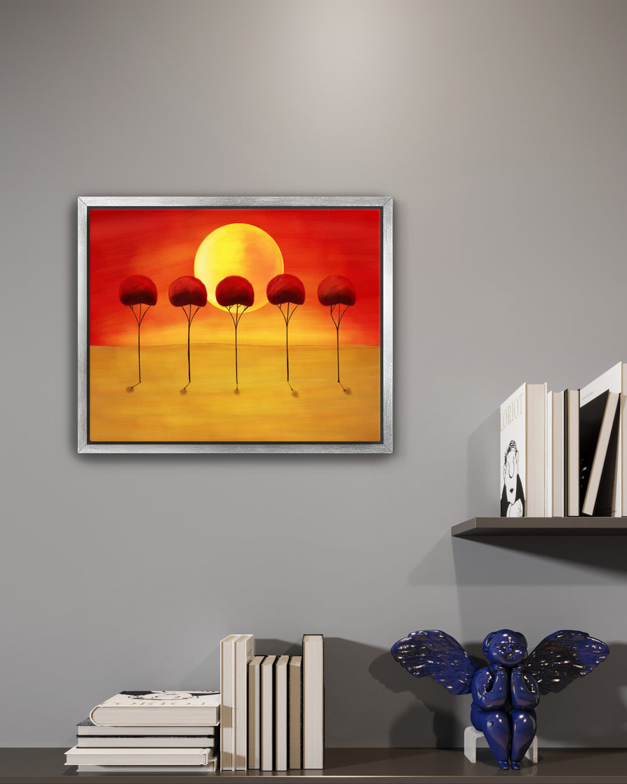 Vibrant Red Orange Abstract Sunset with Trees Painting