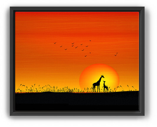 Giraffes at Orange Sunset Painting - Stunning Wildlife & Sunset Art