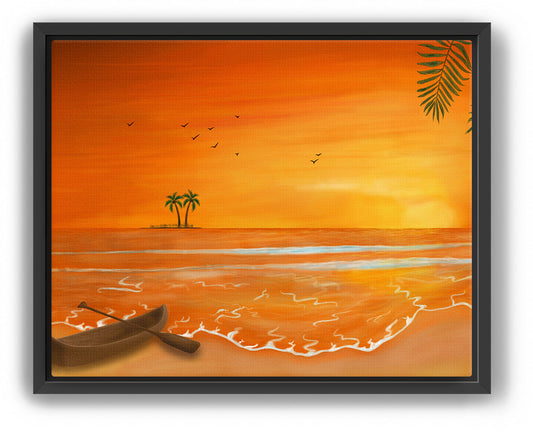 Calm Orange Sunset with Boat Painting - Seascape Art for Home Décor & Relaxation