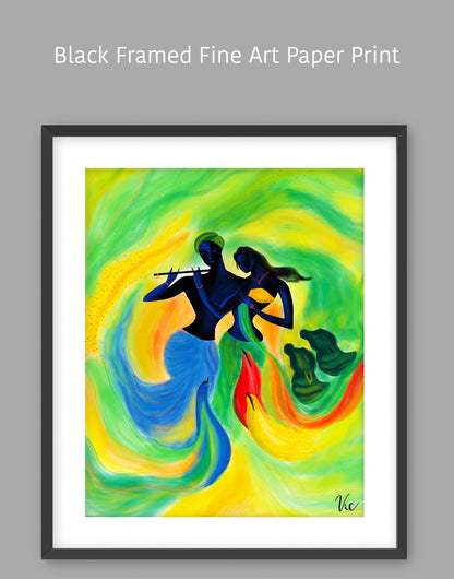 Spiritual Indian Radha Krishna Green Calming Artwork - Serene & Sacred Art