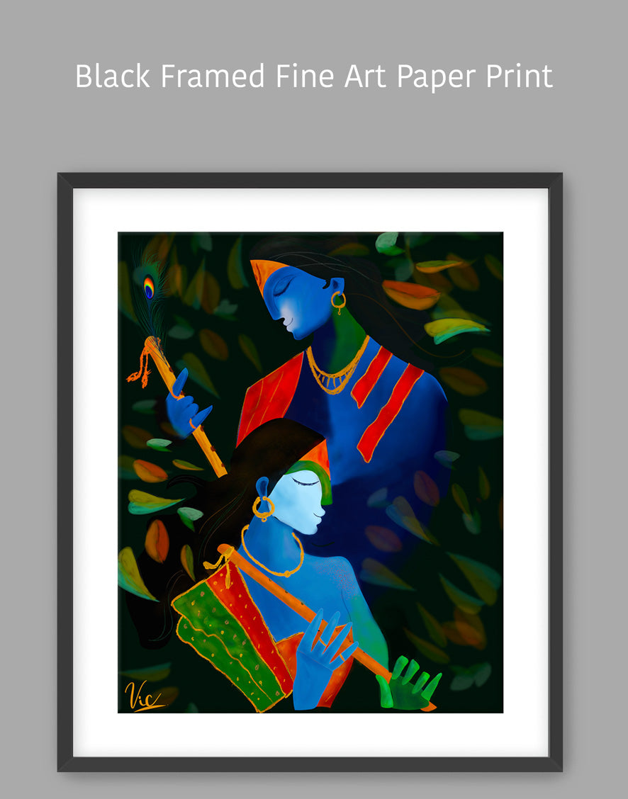 Spiritual Indian Radha Krishna Blue Calming Artwork - Serene & Sacred Art