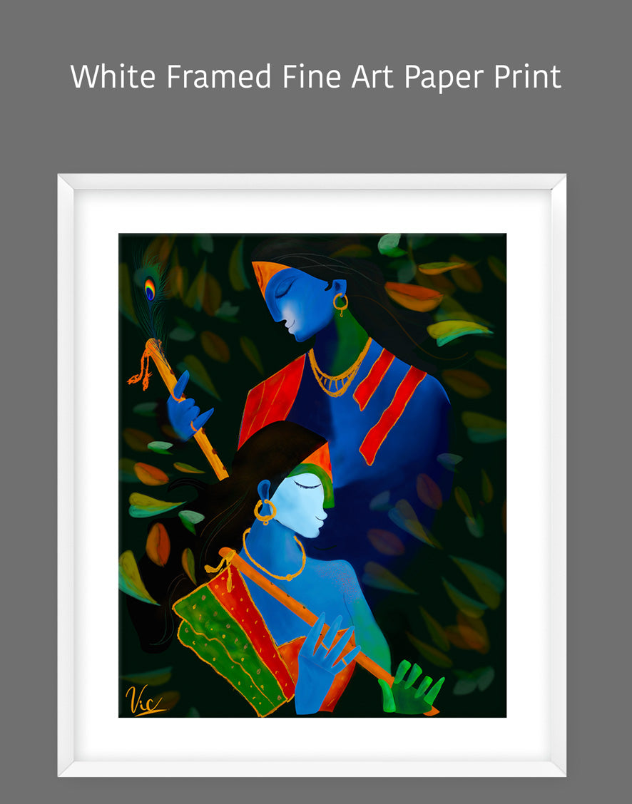 Spiritual Indian Radha Krishna Blue Calming Artwork - Serene & Sacred Art