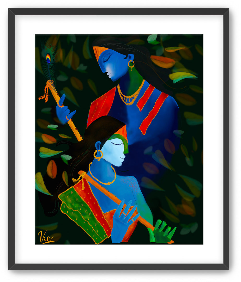 Spiritual Indian Radha Krishna Blue Calming Artwork - Serene & Sacred Art