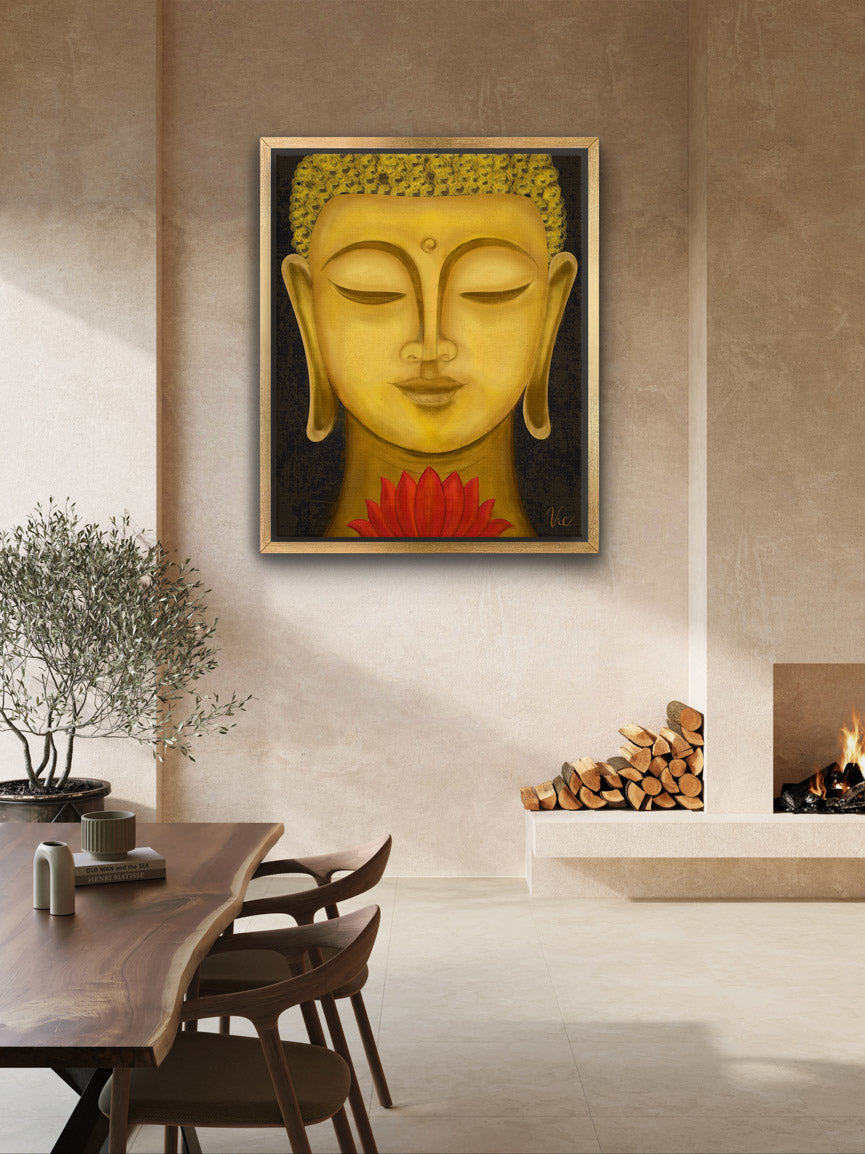Serene Buddha Face Portrait | Yellow Meditation Art