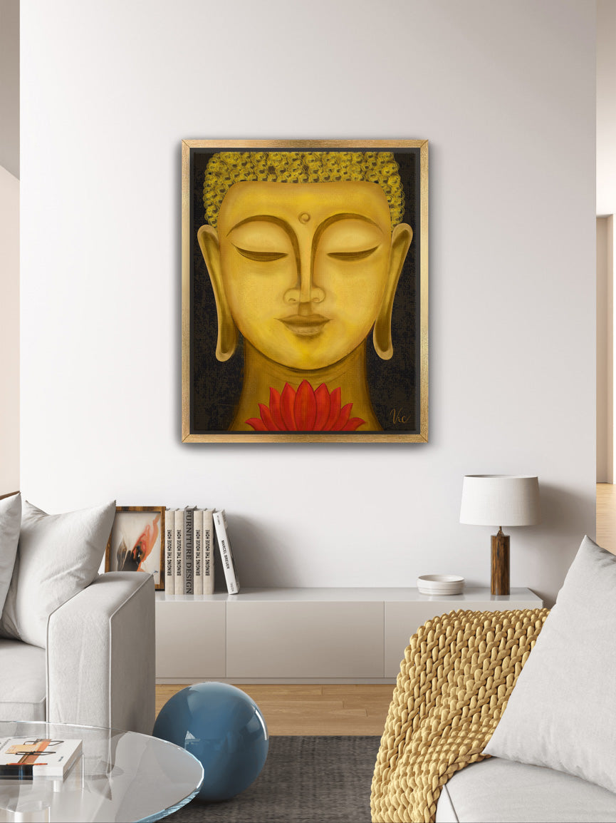 Serene Buddha Face Portrait | Yellow Meditation Art