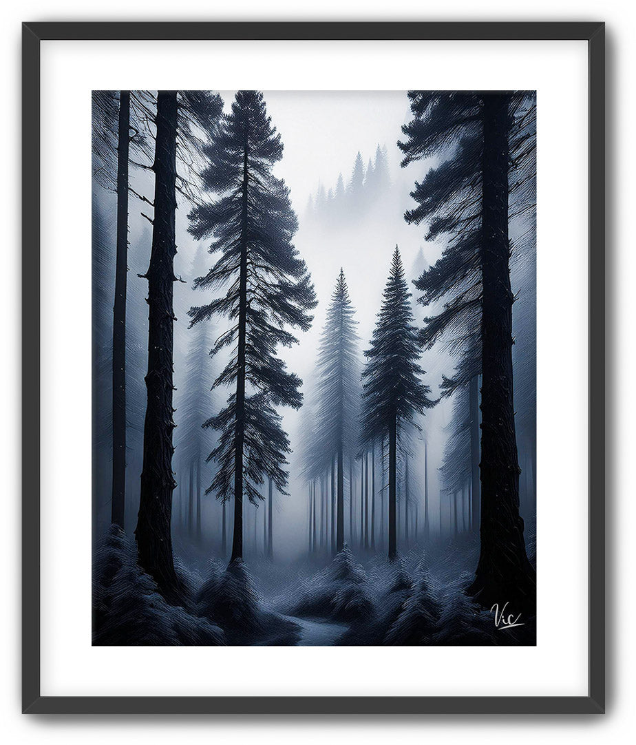 Dark Black and White Misty Forest Painting | Fine Art Wall Décor