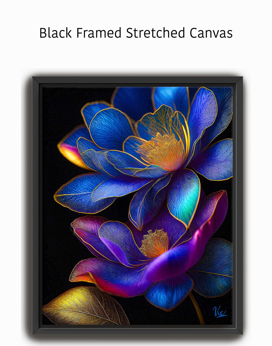 Colorful Vibrant Blue Golden Flowers Contemporary Modern Artwork