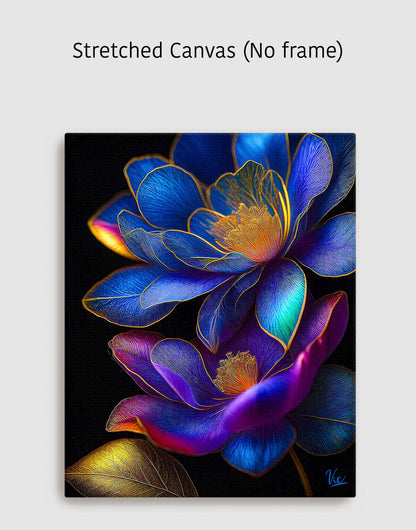 Colorful Vibrant Blue Golden Flowers Contemporary Modern Artwork