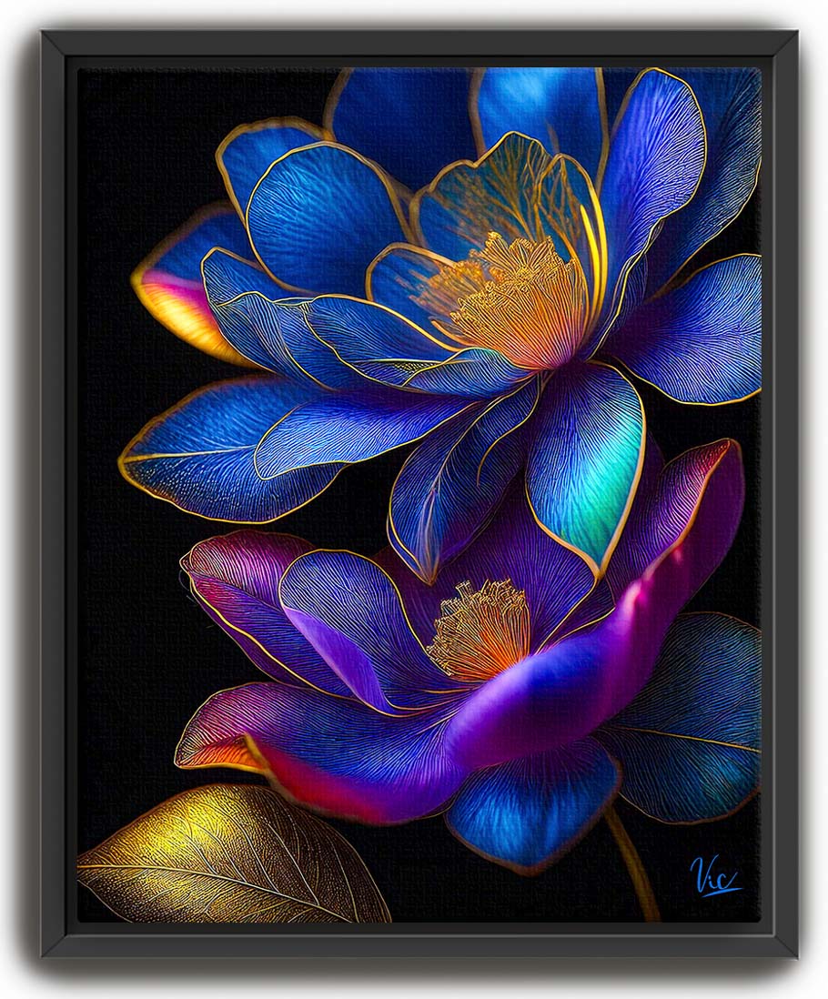 Colorful Vibrant Blue Golden Flowers Contemporary Modern Artwork